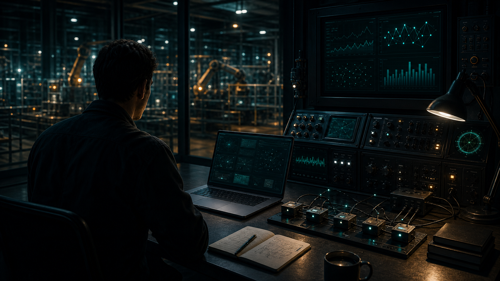 Industrial control room workbench connecting signal discipline to product validation.