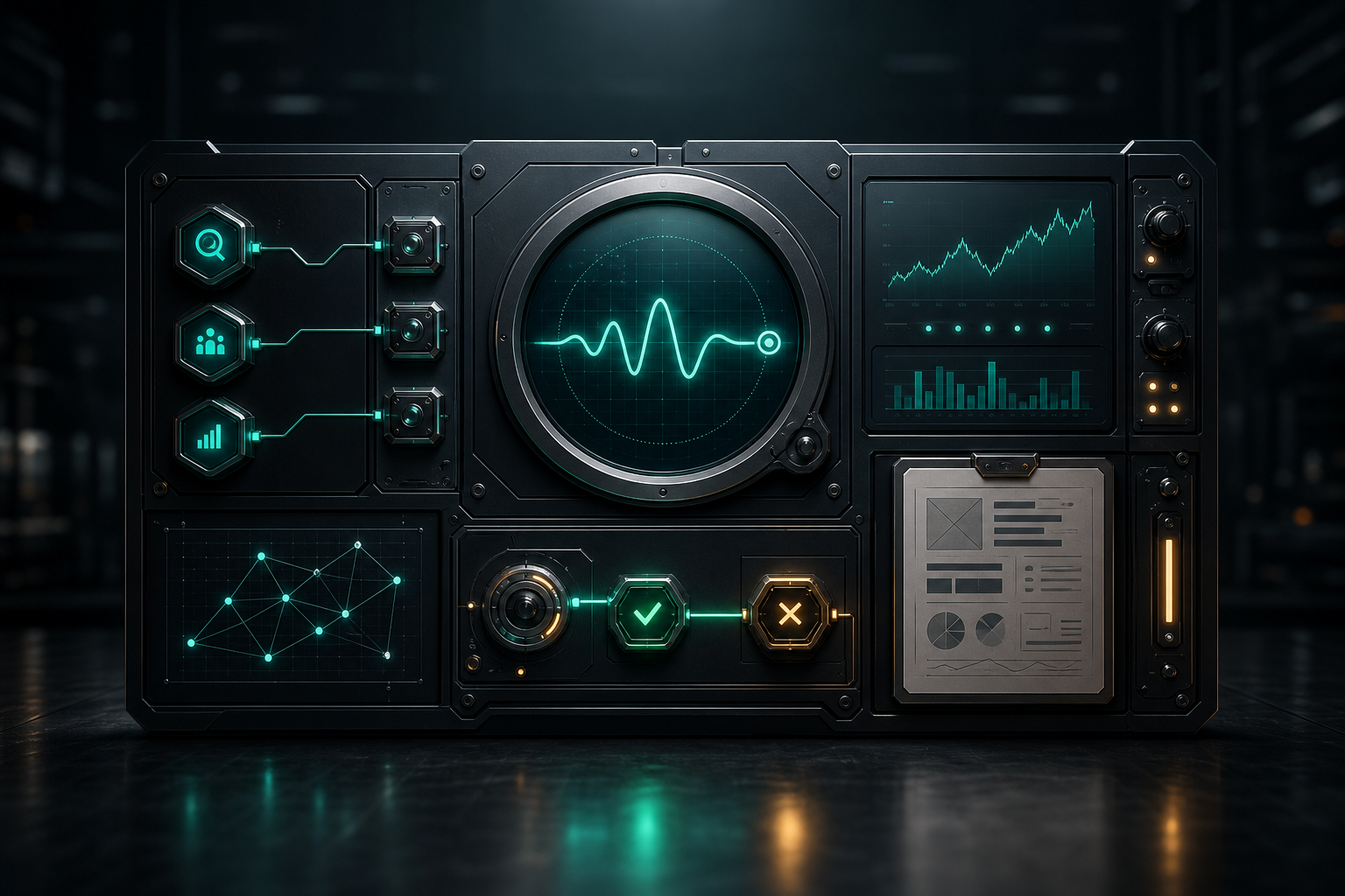 Validation control panel representing evidence, limits, and account decisions.