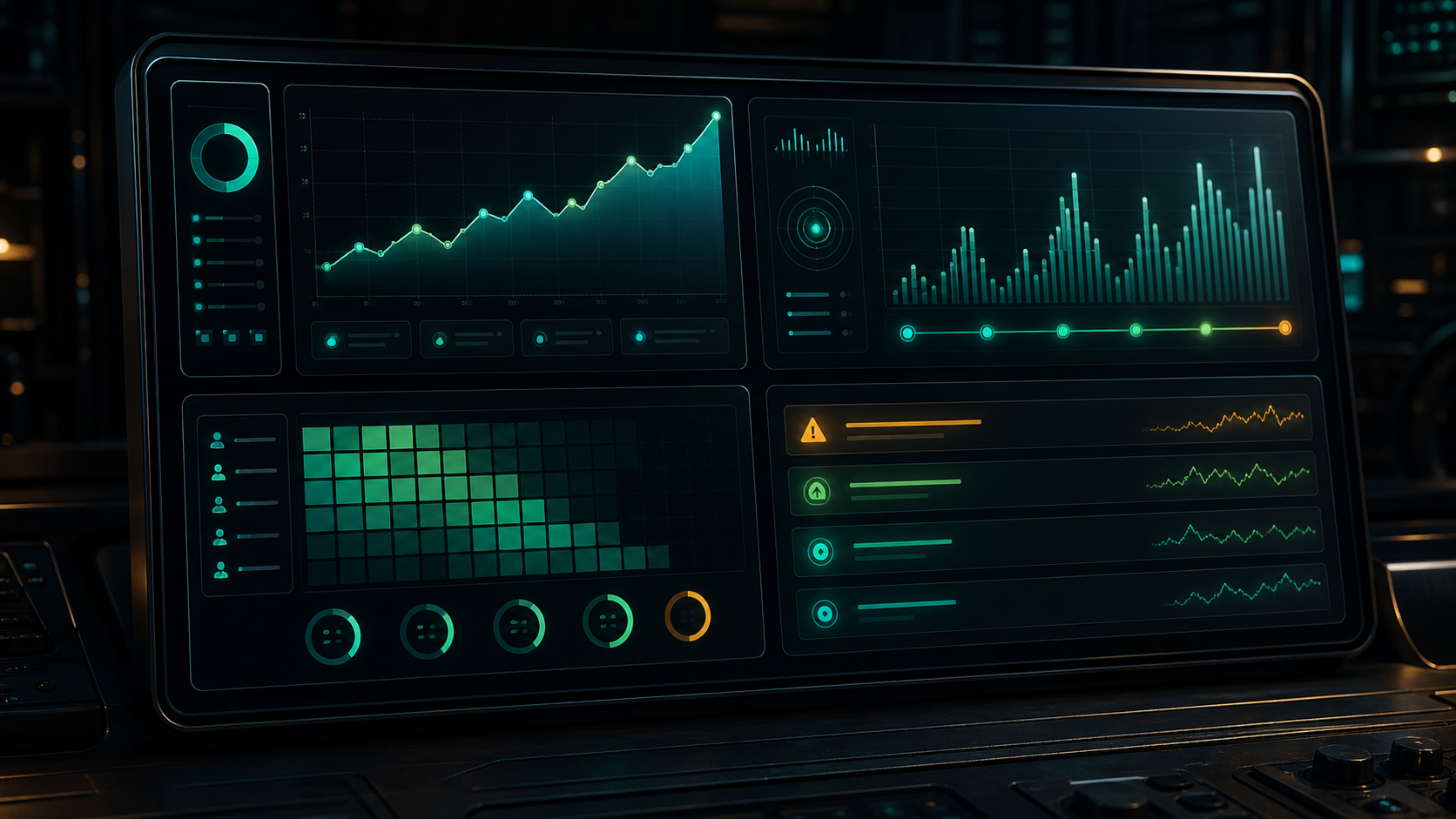 Dark operator console with revenue, build, retention, and market alert panels.