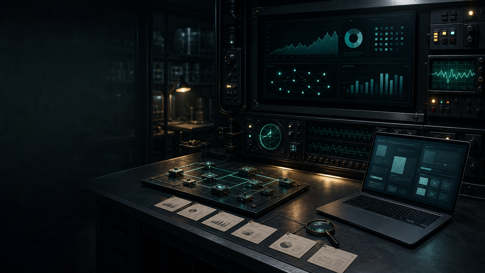 Dark precision validation lab with market-signal instruments and evidence panels.