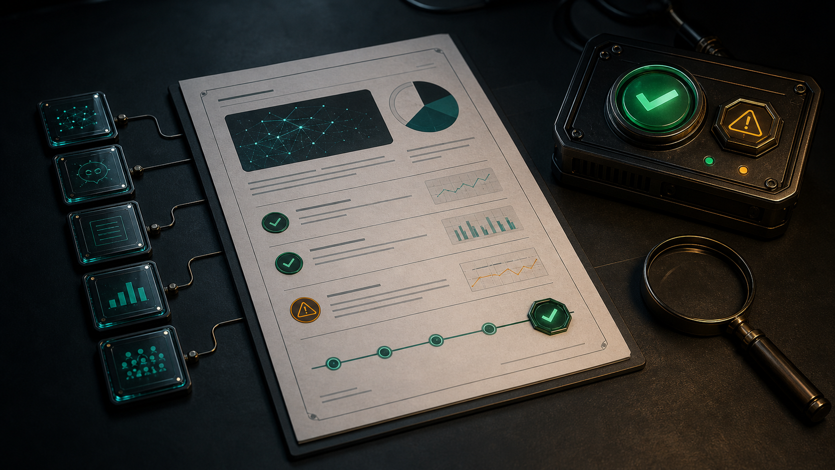 Validation report card with source chips, confidence markers, and a decision gate.